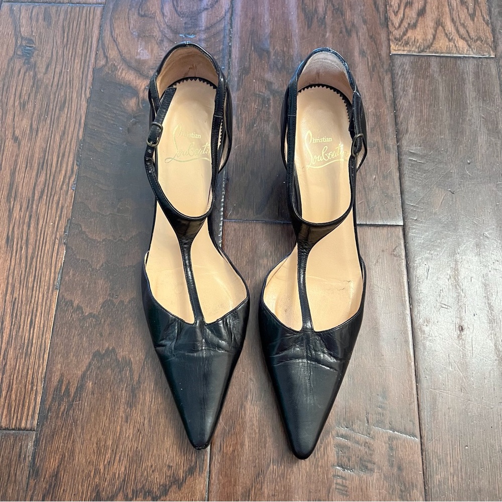 Christian Louboutin Black Pointed T-Strap Leather Pumps